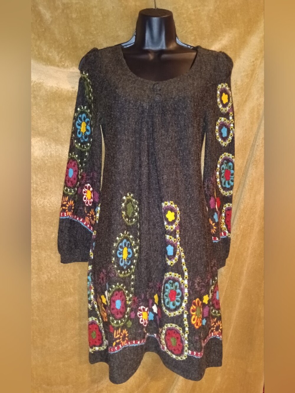 Aryeh Boho Embroidered Look Dark Gray Knit Dress with Multicolor Floral Accents